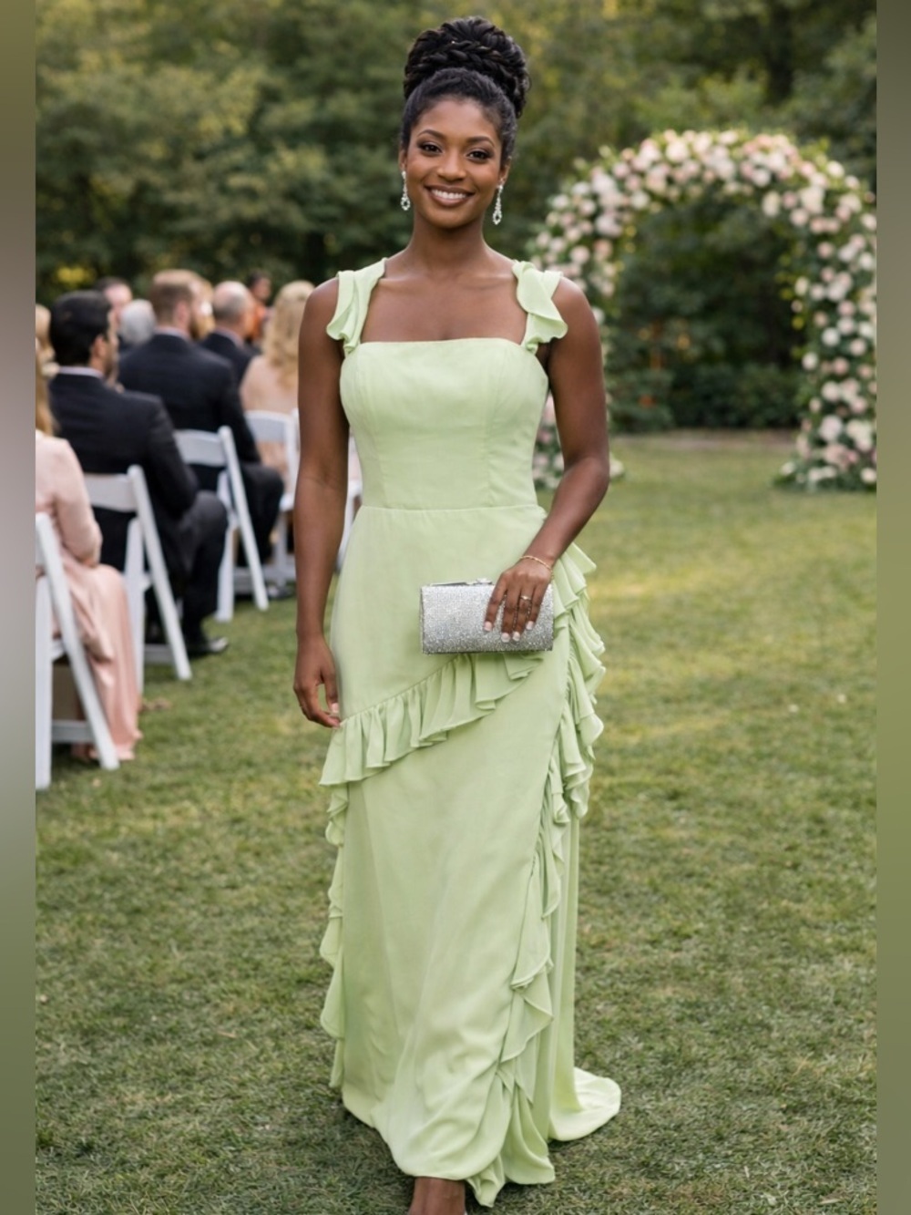 NWOT AW Bridal SZ 4 mint green asymmetrical ruffled gown w/front slit/bust 34โ